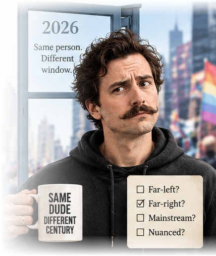 The same man in 2026, in a hoodie on a crowded modern street, holding a mug reading “Same dude, different century,” beside an open window lettered “2026.” A card at his side ticks the box marked “Far-right?”