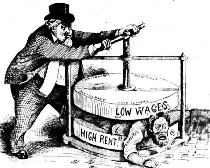 Caricatura política de finales del siglo XIX: un capitalista de chistera acciona una prensa de tornillo rotulada Capitalismo, Monopolio, Autocracia, Esclavitud salarial, prensando «Salarios bajos» sobre «Alquiler alto» y aplastando a un trabajador rotulado «Empleado».